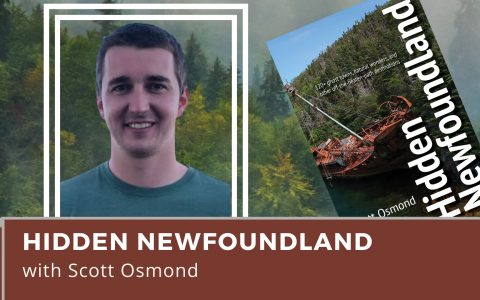 Picture of Scott Osmond and cover of "Hidden Newfoundland" with misty forest in background. Text: Virtual. Hidden Newfoundland with Scott Osmond
