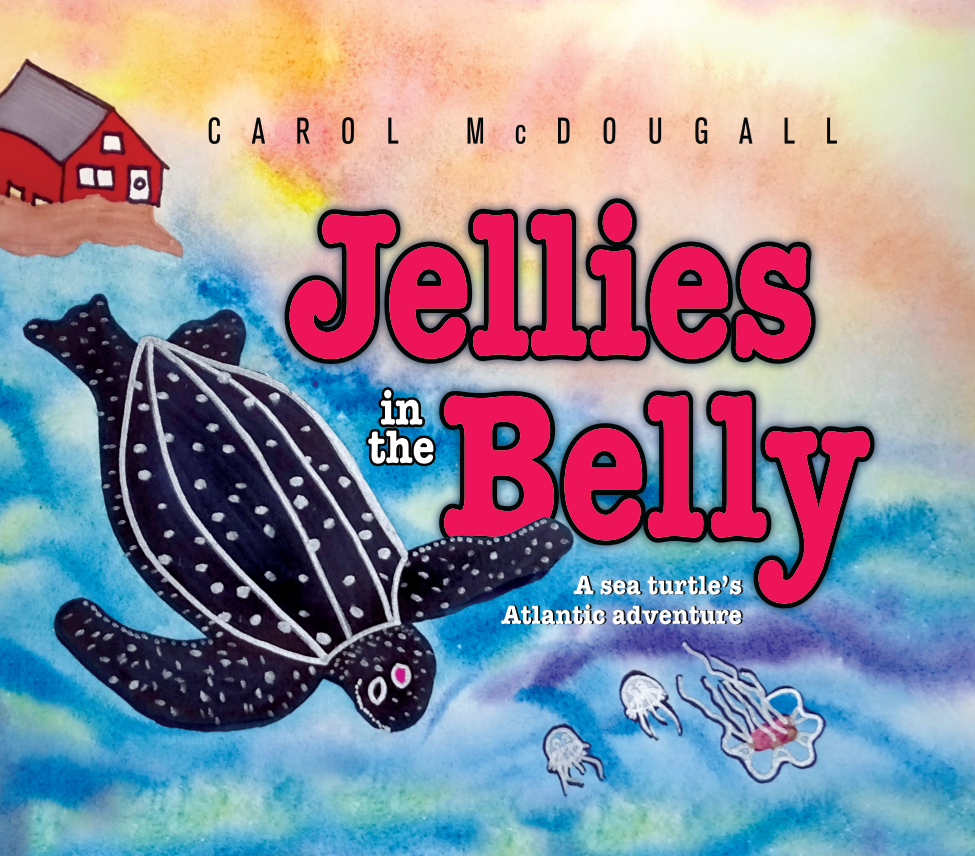 Front cover of Jellies in the Belly. Watercolour leatherback turtle over ocean background with house on shoreline